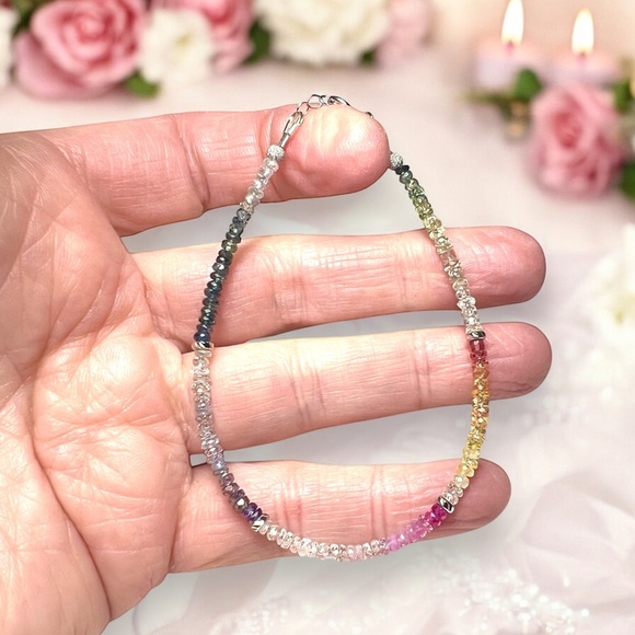 Natural Ombre Rainbow Sapphire Bracelet in Solid 14K White Gold, 7 1/2" - 7.9" - Picture 5 of 9
